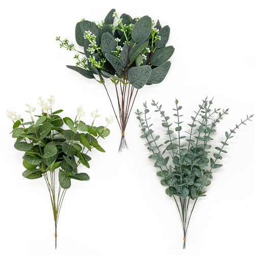 30 Pcs 3 Kinds Mixed Artificial Eucalyptus Stems, Fake Greenery Stems Silver Dollar Eucalyptus Leaves Bulk Fake Plants, Real Touch Leaf Branches For Wedding Home Vase Bouquets Floral Greenery Decor