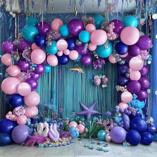 Image of Purple and Blue Balloons Teal Pink Balloon Garland Arch Kit for Birthday Baby Shower Mermaid Stitches Under The Sea Encanto Villain Ocean Luau Birthday Baby Shower Party Decorations