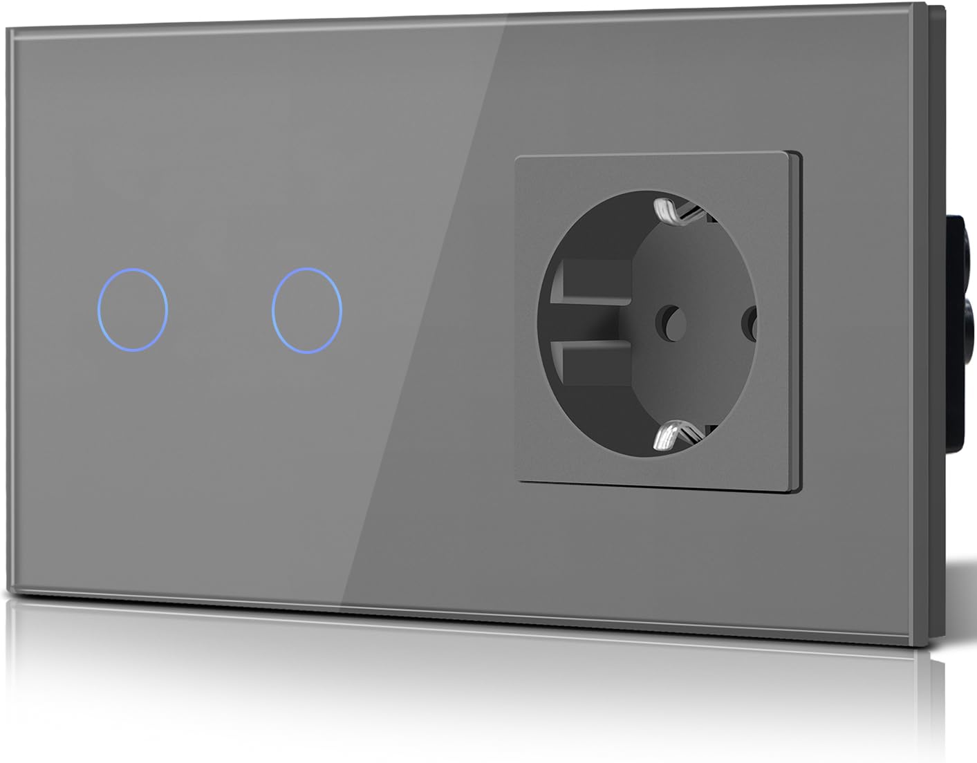 BSEED Touch Lichtschalter mit Steckdose aus Glas, Modern Steckdosen Unterputz, Wandschalter mit LED Hinterlicht (Kein Neutralleiter erforderlich), Kein WLAN, 157mm 2 Fach 1 Weg Grau