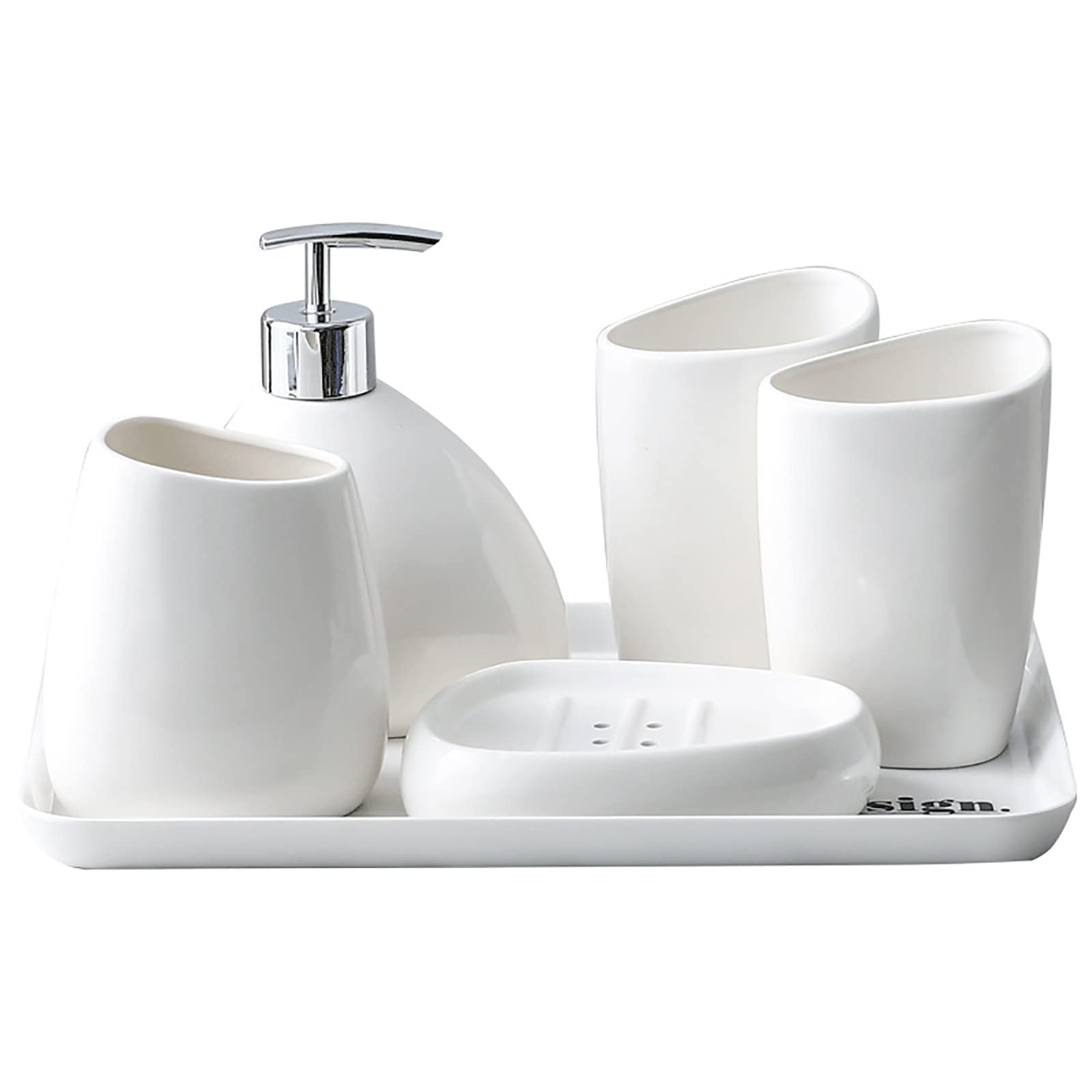 Juegos de Accesorios de baño, Acesorios Cuartos de Baño 5 Piezas para Dispensador Jabon Baño, Jabonera Baño, Porta Cepillo de Dientes, Dosificador Jabon Baño para Gel de Ducha Cerámica Blanco