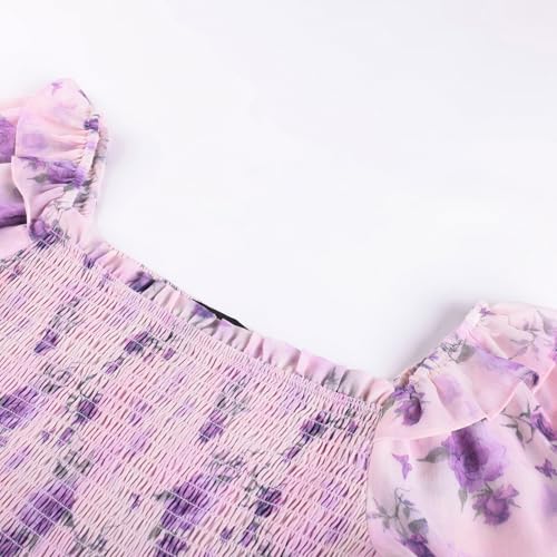 Image of Scarlet Darkness Floral Dress for Women Summer Puff Sleeve Square Neck A Line Flowy Wedding Guest Tea Party Dresses
