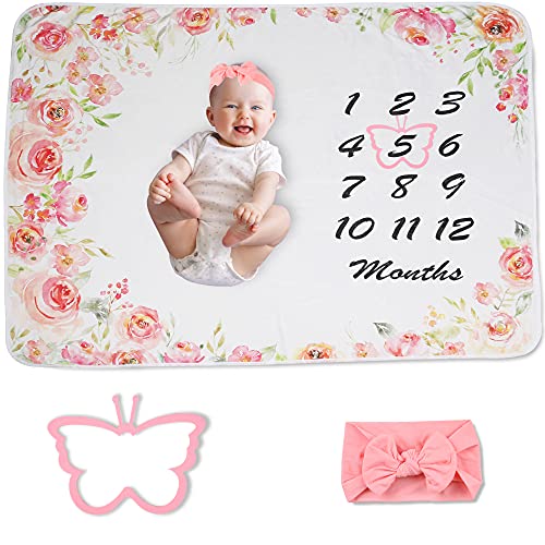 Image of IVY & MIA Baby Monthly Milestone Blanket Girl, Floral Month Blanket for Girl, Baby Growth Chart Blanket, Newborn Photo Blanket, Headband+Marker 40"x50"