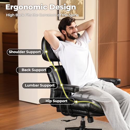 Image of ovios Ergonomic Office Chair, High Back Faux Leather Executive Chairs with Thick Cushion, Comfy Mid-Century Modern Swivel Rolling Computer Armchair (Black, PU Leather)