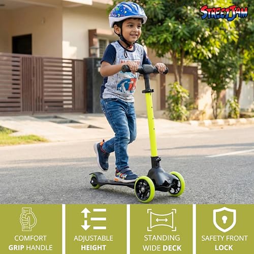 Image of STREETJAM Komiks Kids Kick Scooter for 3-12 Years, Tilt & Turn Safety Lock (1st Time in India), BIS Approved, Lean-to-Steer, Wide Deck, Adjustable Height, Up to 35 kg Load (Black with Neon Green's)
