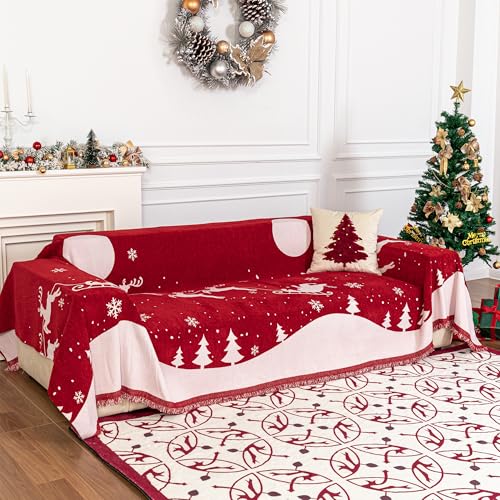 MYSKY HOME Christmas Chenille Sofa Slipcover Couch Covers for Sectional l Shaped Couch Pets Protector Furniture Covers Futon Cover Super Soft Washable Couch Covers for 2 Cushion, 71"x102", Red