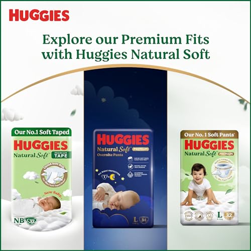 Image of Huggies Natural Soft Premium Tape Diapers Medium (M) Size, 7-12 kgs,26 Count | Our No.1 Soft Taped Diaper with Cloud Soft Bed and Runny Poo Absorption