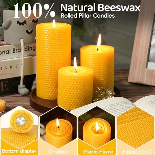 Image of Beeswax Pillar Candles,Non-Toxic Honeycomb Bees Wax Candle for Home,Yellow | 2.8x3 inch,3 Pack,72 H long clean Burning,100% Pure,natural unscented, smokeless,candle for home,emergency,prayer,dinner