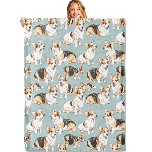 MIEPOS Cute Corgi Print Throw Blanket,50x60in,Soft,Lightweight Flannel,Cartoon Dog Blankets - Gifts for Kids & Animal Lovers,for Couch Office Travel,Home Living Room Bed Decor