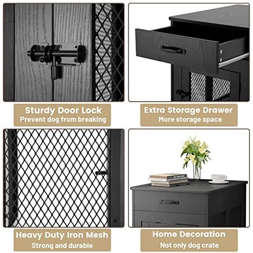 Dog Crate Furniture With Cushion, Wooden Dog Kennel With Storage Drawer, Pet Crate End Table For Small Medium Dogs (Black) #TOP5