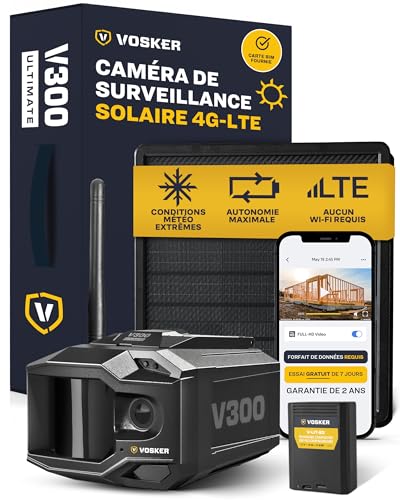 Vosker V300 Ultimate -Caméra de sécurité extérieure 4G-LTE sans Fil avec Panneau Solaire, Batterie Solaire Externe 15 000 mAh, Carte SIM Incluse, Streaming en Direct, Pas de WiFi nécessaire
