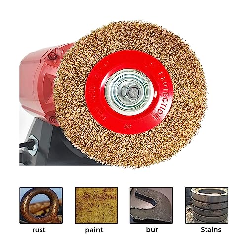 Image of 8in Bench Wire Wheel Brush | Coarse Crimped Steel Wire 0.012 inch with 1 /2 inch 5 /8 inch 3 /4 inch 7 /8 inch 1 inch Arbors for Bench Grinder Brass Coated Steel- 2pcs