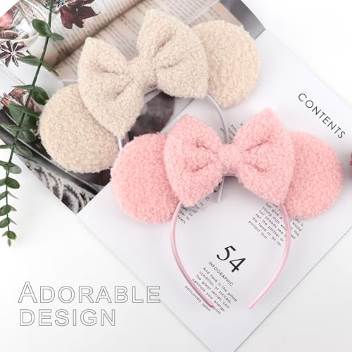 Image of DRESHOW Wool Mouse Ears Bow Headbands Fluffy Hair Bands Bow Hairband Soft Plush Headwear Party Decoration Cosplay Costume for Women