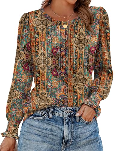 Zeagoo Womens Tops Puff Long Sleeve Shirts Dressy Casual Crew Neck Pleated Summer Fall Work Blouses S-3XL
