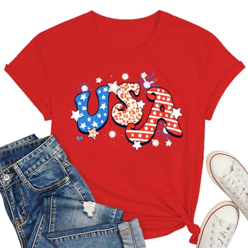 USA Shirts for Women 4th of July Shirt Women Cute Patriotic Print Tshirt America Tee Tops Red-a