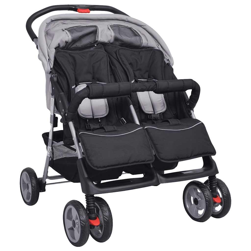 Poussette double pour enfant - Design pliable - Jusqu'à 30 kg (2 x 15 kg) - Pour jumeaux et frères de 0 mois - Poussette bébé enfant - Poussette de voyage - Acier gris et noir