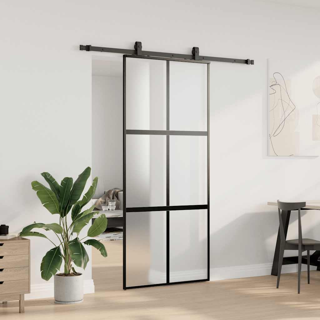 ACAGALA Glasschiebetür Komplettset 90 cm Breite | Inkl. Schiebetürbeschlag & Montagezubehör | Schiebetürsystem für Zimmertüren, Wohnraum & Büro | Schiebetür aus Hartglas | Schwarz und matt
