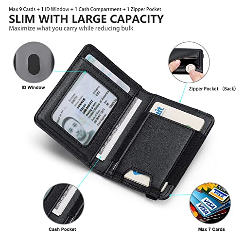 nuoku Minimalist Wallet for Men, Leather Slim RFID Mens Wallet, Bifold Front Pocket Wallet with ID Window and Elastic Card Slot, Max 9 Cards (Black)3