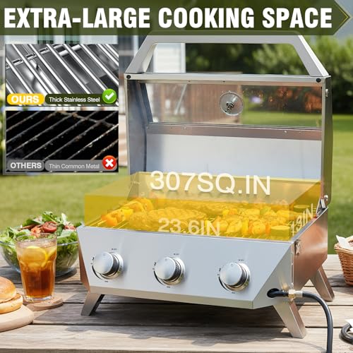 Image of BESTFIRE 3-Burner Tabletop Gas Grill with Viewing Glass, 30,000 BTU Stainless Steel Portable Propane BBQ Grill with Thermometer, Professional Outdoor Cooking for Patio, Camping, RV and Tailgating