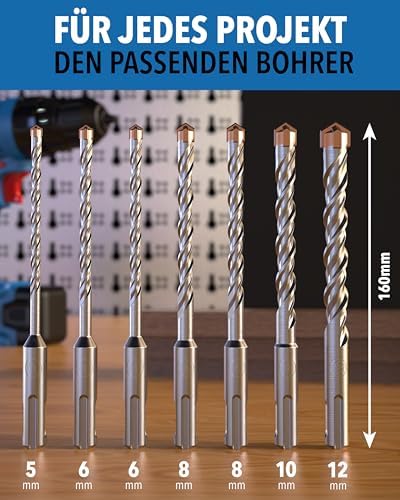 SDS Plus Betonbohrer – 7-teilig inkl. Kassette – Ø 5, 6, 6, 8, 8, 10, 12 mm x 156 mm – Profi Bohrset für Beton, Stein & Mauerwerk