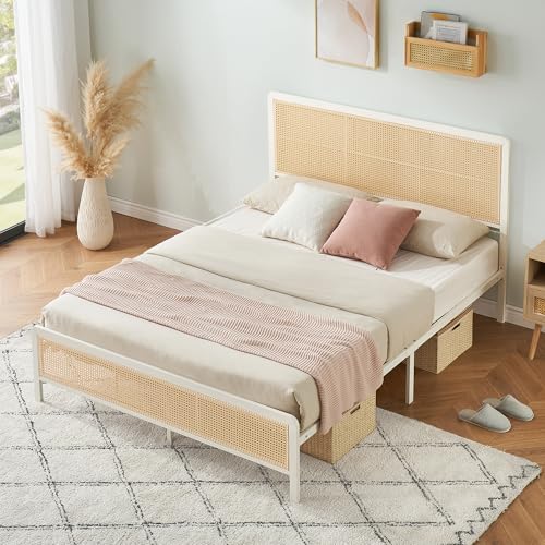 GarveeHome Rattan Full Size Bed Frame with Headboard and Footboard, Boho Bed Frame with Heavy Duty Sturdy Steel Slat Support, No Box Spring Needed, Noise Free, Metal Platform Bed for Bedroom, White