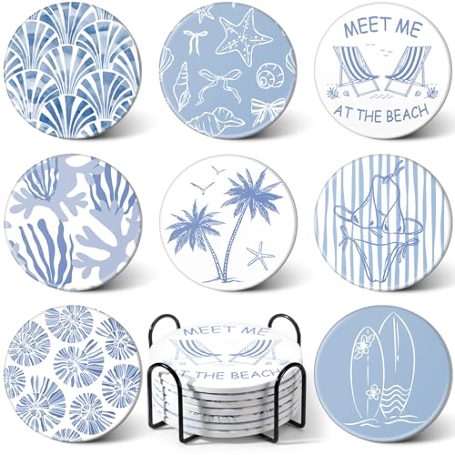 Rtteri Coastal Coasters for Drinks Set of 8 Blue Ocean Beach Starfish Shells Absorbent Ceramic Coaster with Cork Base and Metal Holder for Coastal Coffee Table Beach House Decoration Housewarming Gift