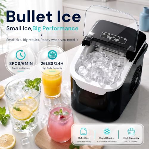 Image of Kismile Countertop Ice Maker Machine, 26Lbs /Day Fastest 6‑Min Ice, Black | 8 bullet ice in 6min, 2 sizes, energy-saving, portable mini, with handle,basket,scoop. Home /bar /RV /camping /office
