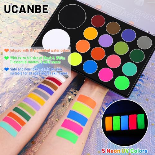 Image of UCANBE Face Body Paint 18 Colors, Water Based Face Painting Kit with Large White Black & Neon Glow UV Facepaint SFX Makeup Palette for Halloween Party Costume Cosplay & Stage Art Make Up