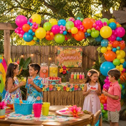 Image of 141 Pcs Rainbow Neon Balloon Arch Kit, Hot Pink Lime Green Orange Slate Blue Yellow End of Summer Tropical Balloon Garland for Hawaiian Luau Aloha Birthday Pool Back to School Party Decorations