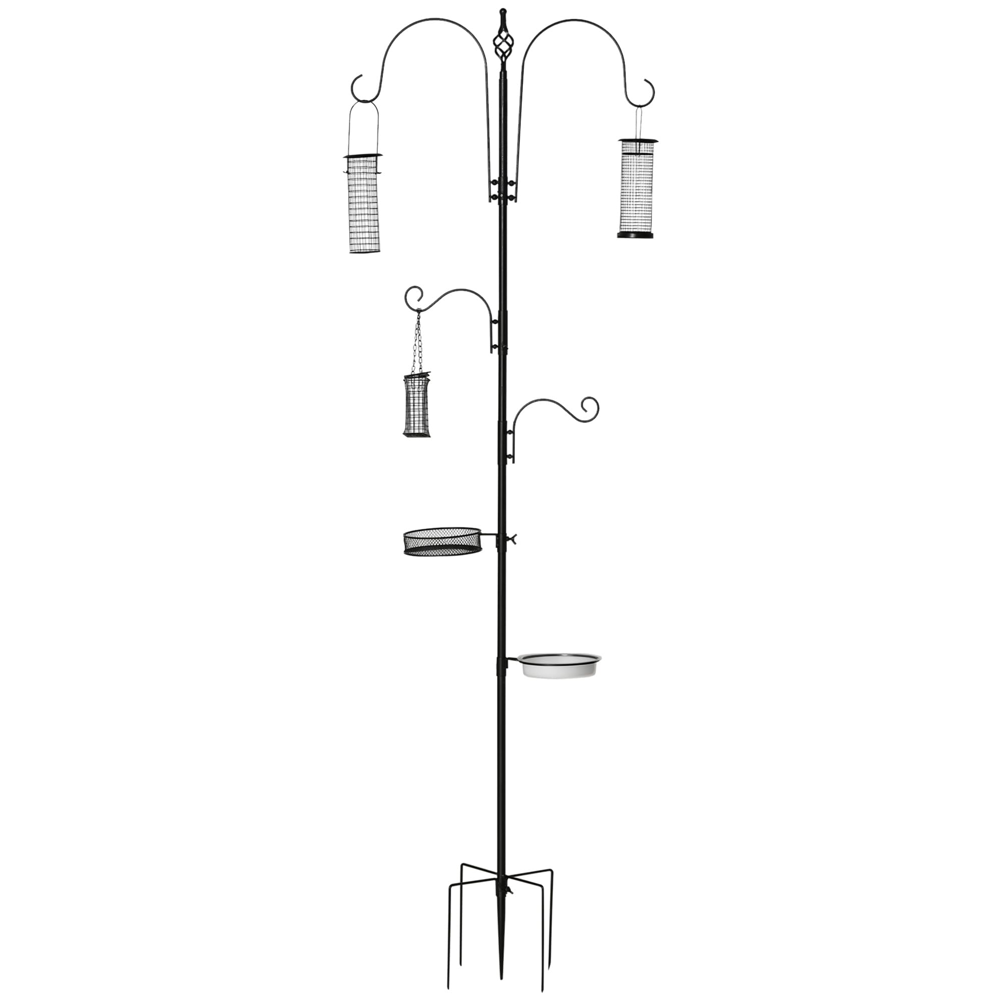 PawHut Station d'alimentation pour Oiseaux en Acier avec 4 Crochets, Mangeoir sur Pied 208H cm, Noir