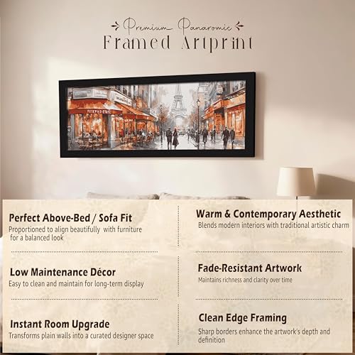 Image of PAINTINGMANTRA Paris City Street with Eiffel Tower View Wall Art Framed Luxury Paintings for Home Decoration, Living room, Bedroom and Office Decoration (99x38 CM)