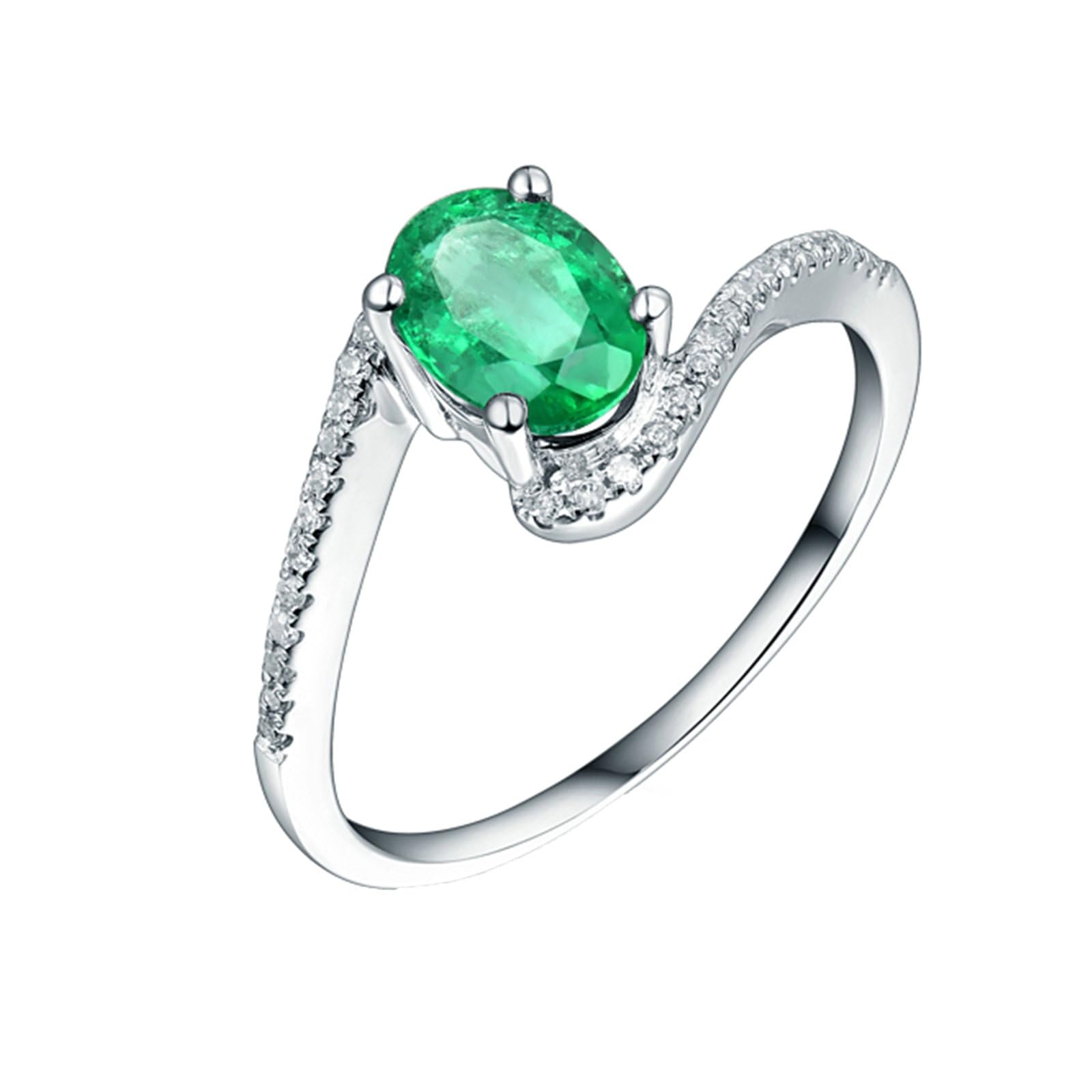 Anillo de oro blanco esmeralda 750 585 375, talla 47 (15,0)-65 (20,7), anillo de boda para mujer, engaste de 4 puentes, con esmeralda ovalada de 1 ct y moissanite 0,1 ct