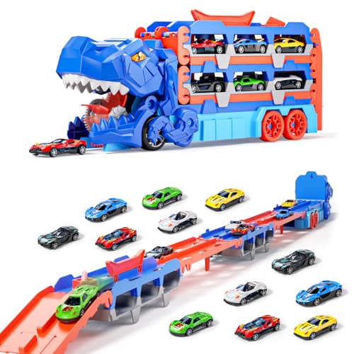 Doloowee Jogo de transporte de dinossauros 2 em 1 para crianças de 3, 4 e 5 anos, 155 cm de pista, brinquedo portátil para camiões de transporte com 12 mini carros de corrida