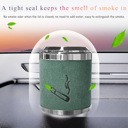Image of Wevdn Car Ashtray with Lid, Detachable & Portable Stainless Steel Smokeless Ashtrays for Car, Mini Universal Smell Proof Windproof Car Ashtray with LED Blue Light (Green-Plush Surface)
