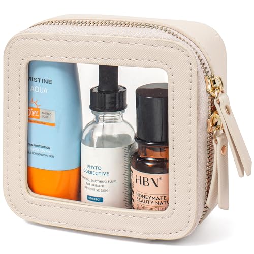 Image of Clear Makeup Bags for Beach,Clear Makeup Bag for Purse,Mini Clear Makeup Pouch Purse Organizer Fit Carry-on Travel Essentials,Clear Cosmetic Bags for Car Accessories for Women (Mini-Beige)