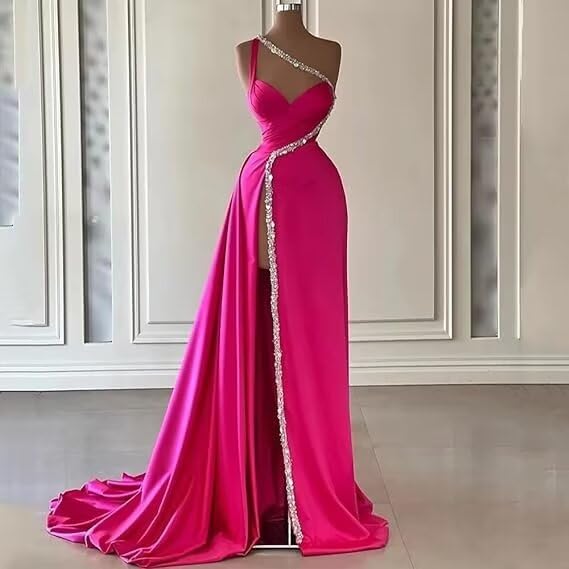 One Shoulder Satin Prom Dresses Long Sparkly Beaded Formal Dresses Mermaid Evening Dress with High Split2