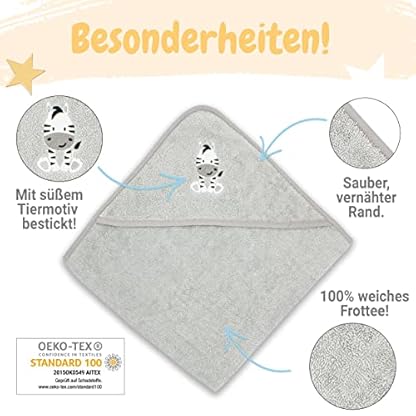 Baby Kapuzenhandtuch im Set mit 2 Waschlappen Oeko-Tex Standart 100 Zertifiziert. Baby Badetuch aus weichem Frottee. Erstausstattung Babyhandtuch mit Kapuze, Baumwolle, 80 x 80 cm, Zebra Grau – Bild 4