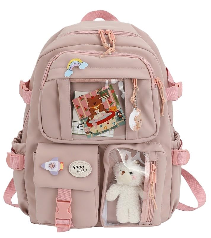 Mochila Escolar feminina de nylon com vários bolsos, bolsa escolar Kawaii, para viagem, estudante, Cor Rosa
