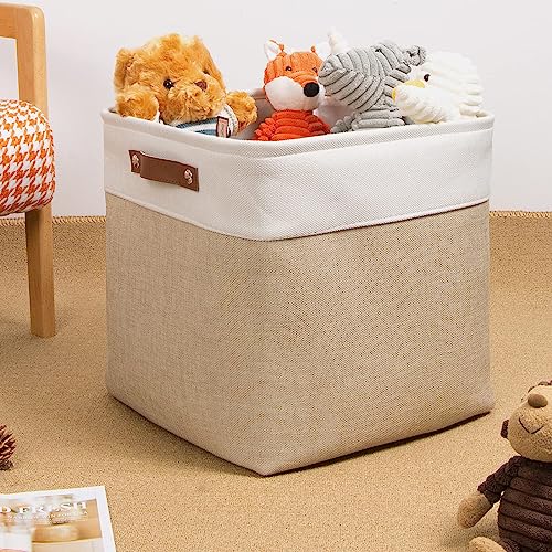 Image of DULLEMELO Cube Storage Bin 13x13,Collapsible Fabric Storage Cube for Organizing,Cubby Storage Basket for Shelves,Closet,Laundry,Nursery,Toys,Clothes (White&Khaki)