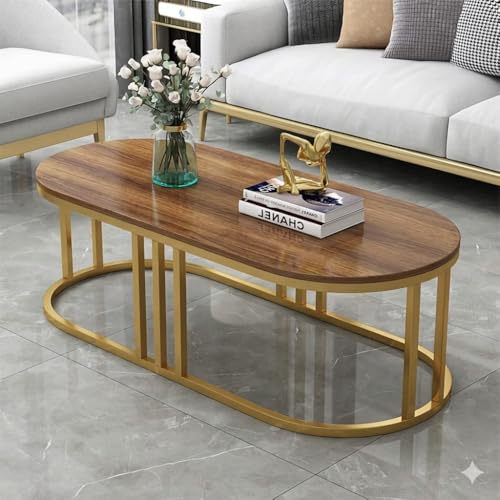 Image of Modern Oval Marble Finish Coffee Table with Metal Frame, Luxury Center Table for Living Room, Contemporary Tea Table for Home, Office Reception Table, Space Saving (Golden Brown)