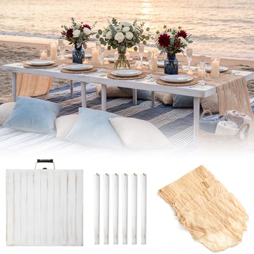 Sintuff Boho Table Low Folding Picnic Table Beach Portable Low Wood Floor Event Foldable Tables for Garden Wedding Party Camping Picnics with Runner Set(Retro White,30 x 60 Inches,Vertical Stripe)