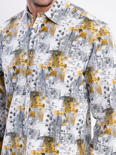Image of BENE KLEED Men Grey and Mustard Abstract Print Slim Fit Shirt(BOMCF458SL53-6351B White /Mustard M)