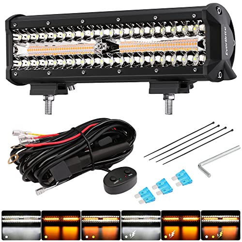 EverBrite 12 Inch 300W Light Bar, Spot Flood White/Amber/Strobe 6 Modes with Memory Function, Off Road Fog Driving Work Light for Truck Car with 16AWG Wiring Harness Kit