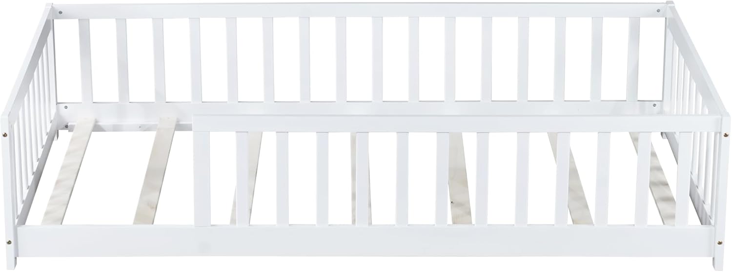 Twin Size Floor Bed with Safety Guardrails for Kids,Wood Montessori Floor Bed for Toddlers, Without Door, No Box Spring Needed, White