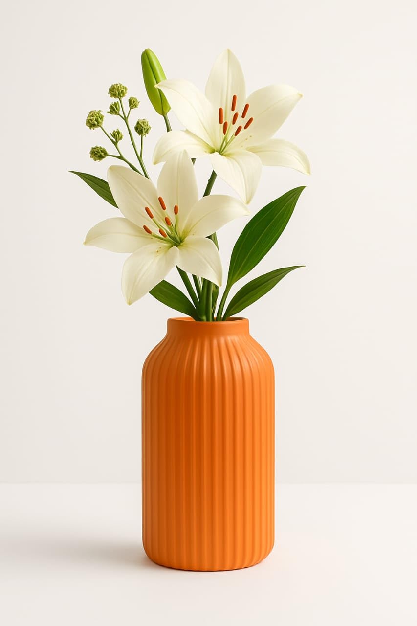 Modern Design Round Ceramic Orange Size - 6 Inch Pipe Flower Vase for Bedroom, Living Room, Kids Room, Christmas Decoration, Office & Table Decor-6 Inch-image-31