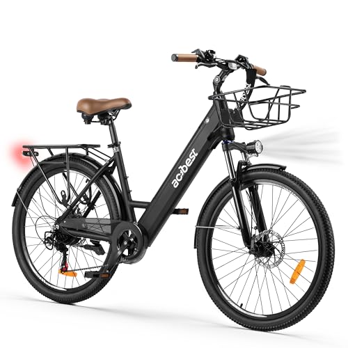 Image of ACTBEST Core Electric Bike for Adults - 468Wh Removable Battery, 26 inch Step Thru Electric Bicycle, Peak 750W Brushless Motor Ebike, with 7 Speed, Up to 50 Miles, Black with Front Basket