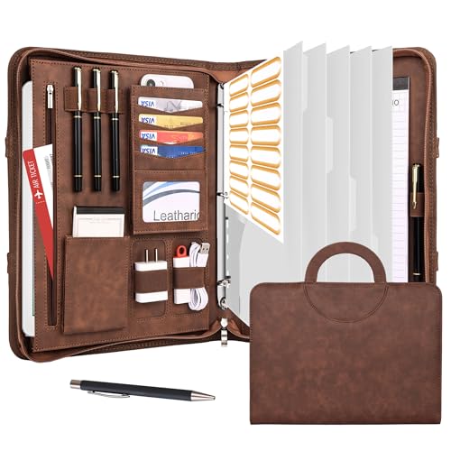 Image of Leathario Portfolio Binder, Includes 5 Folder Index Dividers, 13 Inch Tablets Organizer with Handle, Vegan Leather A4 Padfolio, Multi-Pocket Notepad Business Planner Professional Document