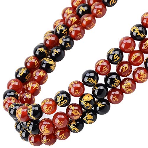 80Pcs Natural Crystal Beads Stone Gemstone Round Loose Energy Healing Beads with Free Crystal Stretch Cord for Jewelry Making (Craved Dragon Mantra Red Black Agate, 10mm)