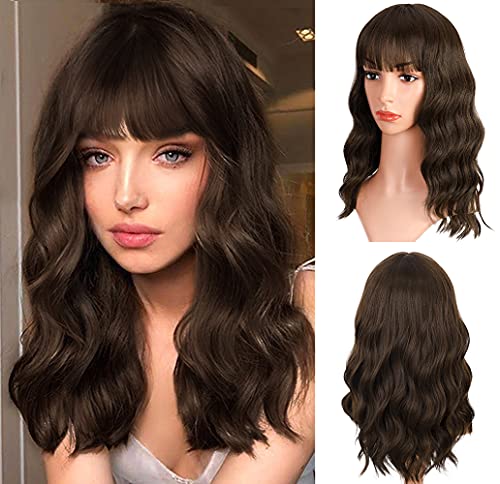 ORSUNCER Short Wavy Bob Dark Brown Wigs for Women with Bangs Women Shoulder Length Bob Curly Wig Synthetic Heat Resistant Hair Wig for Daily Party Use Wig 16 Inches
