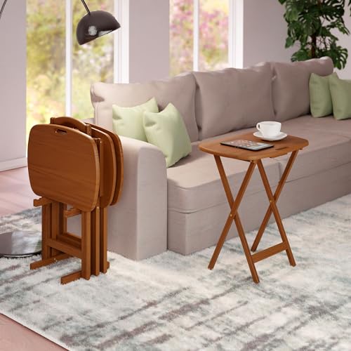 Image of Winsome Lucca Set of 4 Foldable Snack Tables with Storage Rack, Teak | Easy to Store Portable Fold Up Table Set for Kitchen, Living Room TV Dining, Crafts, Puzzles, Work From Home
