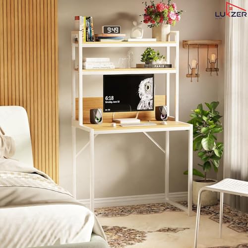 Image of Lukzer Study Table with 2-Tier Bookshelf | MST-006 /White & Light Oak | Metal & Engineered Wood Computer Desk for Home Office | Modern Space-Saving PC Workstation with Storage Shelves (147x84x50 cm)